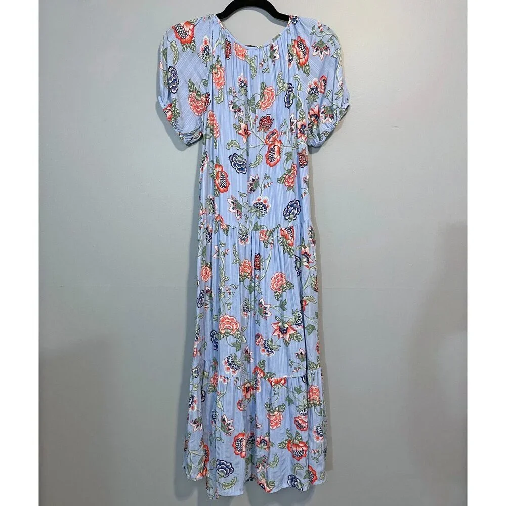 Last Call! New Loft Floral Rayon Tiered Puff Sleeve Midi Dress Blue Small - Picture 3 of 7
